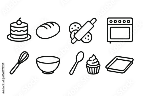 Baking kitchen line icon set. Cake, bread, oven, utensils, kitchenware outline collection