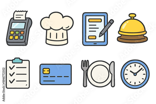 Restaurant and dining icon set. Menu, payment, reservation, flat style icons collection