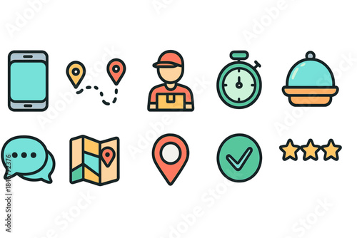 Delivery and logistics flat icon set. Shipment, maps, and location tracking symbols.