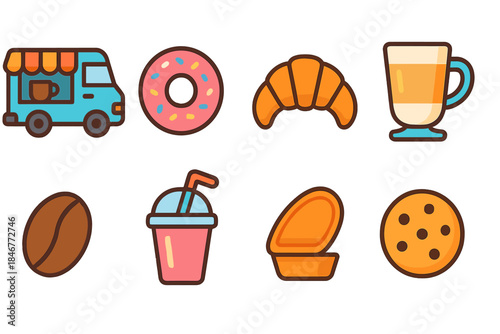 Food and drink outline icon set. Bakery, coffee, and snack icons collection.