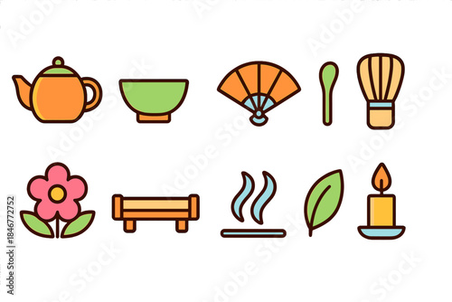 Japanese culture flat icon set. Tea, fan, candle, flower, japan symbols collection