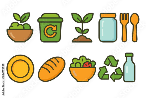 Eco-friendly lifestyle flat icon set. Recycle, sustainability, green living icons