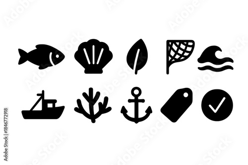 Marine life silhouette icon set. Nautical and sea life silhouette icons collection