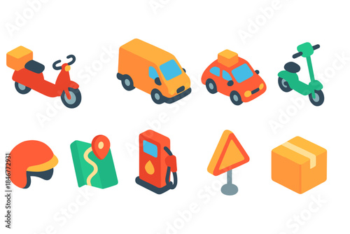 Transportation and delivery 3d icon set. Vehicles, logistics, shipping icons collection.