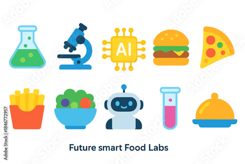 Food technology flat icon set. Ai, robotics, and lab tech icons collection in flat style