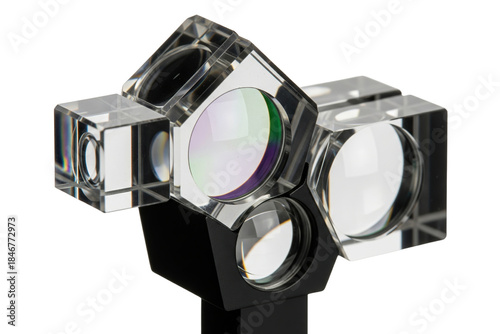 Complex optical glass prism assembly with beam splitters and lenses isolated with transparent background