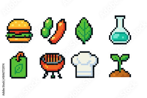 Food, nature pixel art icon set. Retro, cooking, eco, gaming, garden, pixel style icons