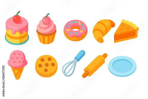 Bakery and dessert flat icon set. Sweet treats and pastry illustrations collection