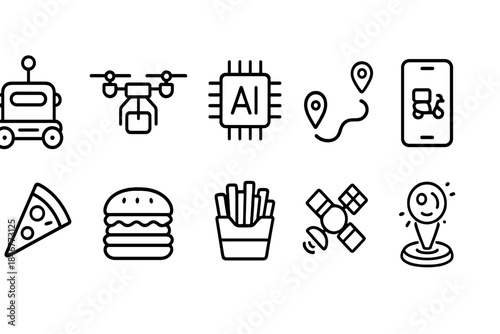 Technology and food line icon set. Electronics, fast food, navigation icons collection