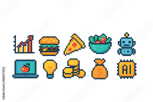 Pixel art icon set: technology, food, finance in retro 8-bit style