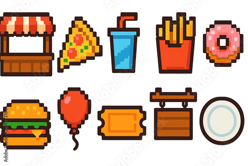 Retro food and drink solid icon set. Includes fun, pixel-style snack icons