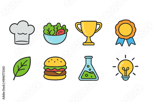 Cooking, science, achievement flat icon set. Food, awards, innovation, flat design icons