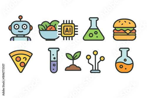 Technology and food flat icon set. Robot, ai, and culinary icons collection