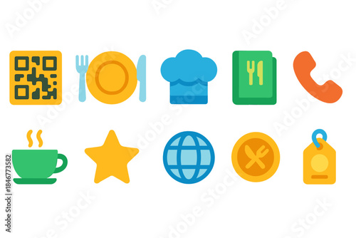 Food and communication flat icon set for digital interfaces and apps