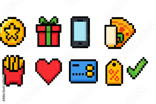 Ecommerce, shopping pixel icon set: cute, retro style for online store graphics