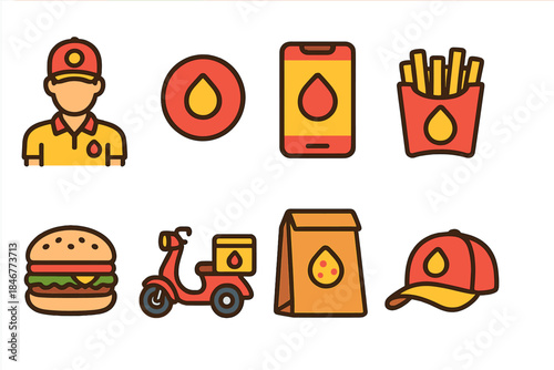 Food delivery flat icon set: courier, fast food, mobile app, service transport
