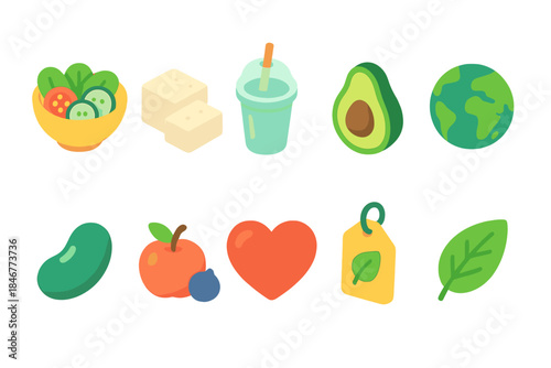 Healthy foods flat icon set. Plant-based, vegan, organic food flat style icons