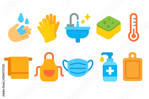 Kitchen and hygiene flat icon set. Cleanliness, sanitation, and health symbols.