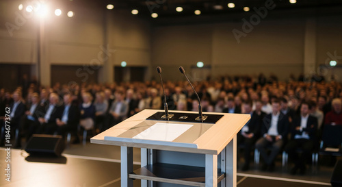 Public relations and media event concept with microphones on stage prepared for official statements and speeches.