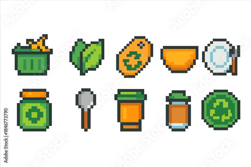 Recycling, eco-friendly pixel icon set. Flat, green, waste management icons collection.