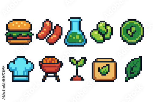 Food and cooking icon set. Pixel art flat icons collection for culinary themes