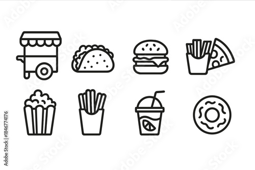 Fast food outline icon set. Burgers, tacos, fries, and more in sleek outline style.