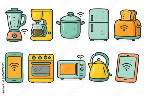 Smart home appliances icon set. Kitchen, gadgets, devices, wifi flat icons collection