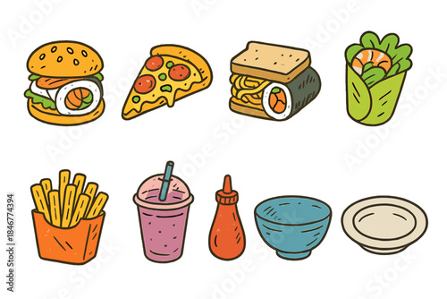 Food and drink flat icon set. Fast food, beverages, snacks, and tableware icons collection