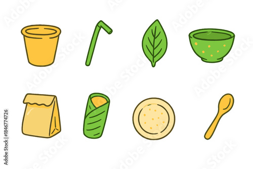 Eco-friendly linear icon set. Sustainability, waste reduction, organic lifestyle icons.