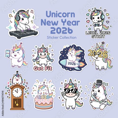 A modern and cute sticker collection featuring unicorns celebrating New Year 2026 through gaming, DJing, fitness, and partying, set on a periwinkle background