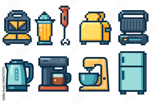 Kitchen appliances icon set. Pixel art home gadgets in colorful flat style