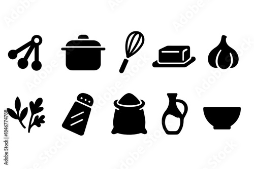 Cooking and kitchen silhouette icon set. Essential cooking tools and ingredients collection