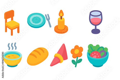 Dining, cuisine flat icon set. Kitchen, food and drink flat icons collection