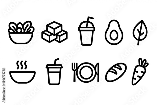 Food and drink line icon set. Healthy eating, vegan outline icons collection.
