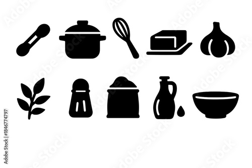 Cooking tools solid icon set. Kitchen essentials, food preparation icons collection.