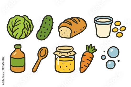 Food and cooking flat icon set. Vegetables, bread, eggs, carrot icons collection