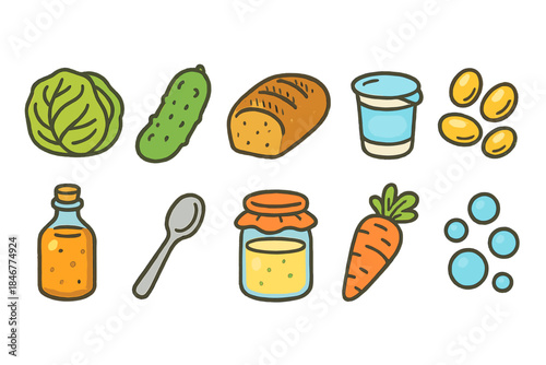Food, grocery flat icon set. Fresh vegetables, dairy, and essentials icons collection