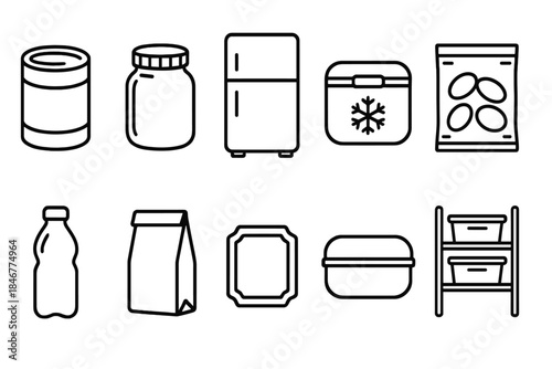 Food storage line icon set. Pantry, fridge, container line icons for kitchen organization.