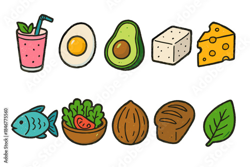 Healthy food flat icon set. Nutritious ingredients collection for meal planning