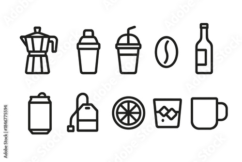 Beverage and drink line icon set. Coffee, tea, juice, soda, bottle outline icons