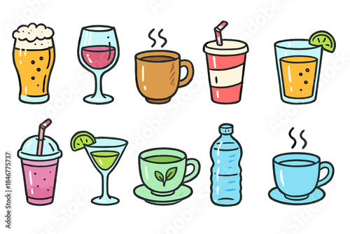 Wallpaper Mural Beverage icon set: drinks, cocktails, coffee in doodle style Torontodigital.ca