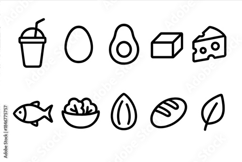 Food and beverage outline icon set. Nutrition and drinks outline style collection