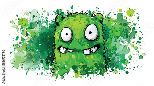 Green Monster Cartoon Drawing with Green Face and Grin