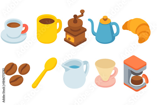 Coffee and breakfast 3d icon set. Morning beverage and food icons collection".
