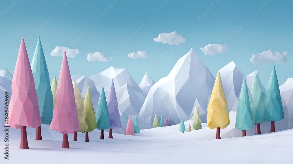 Obraz premium Low poly winter landscape featuring geometric snow-covered mountains and trees