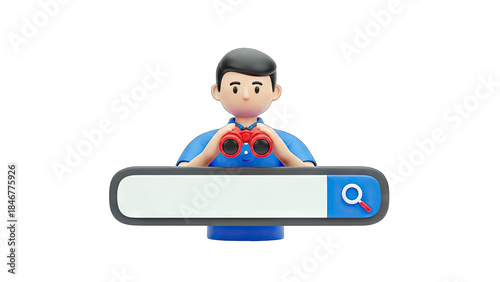 3D Man Searching with Binoculars on Search Bar