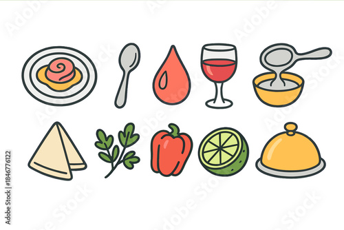 Food and drink outline icon set. Culinary and beverage icons with outline style
