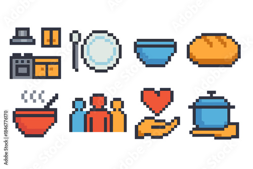Cooking and kitchen pixel icon set. Culinary, cooking tools, food icons collection.