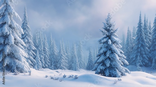 Winter landscape: a single towering pine tree surrounded by a snow covered forest