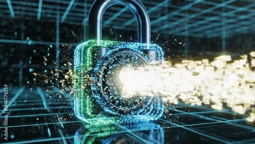 Secure Data Flow Through Digital Padlock with Glowing Effects for Tech Protection